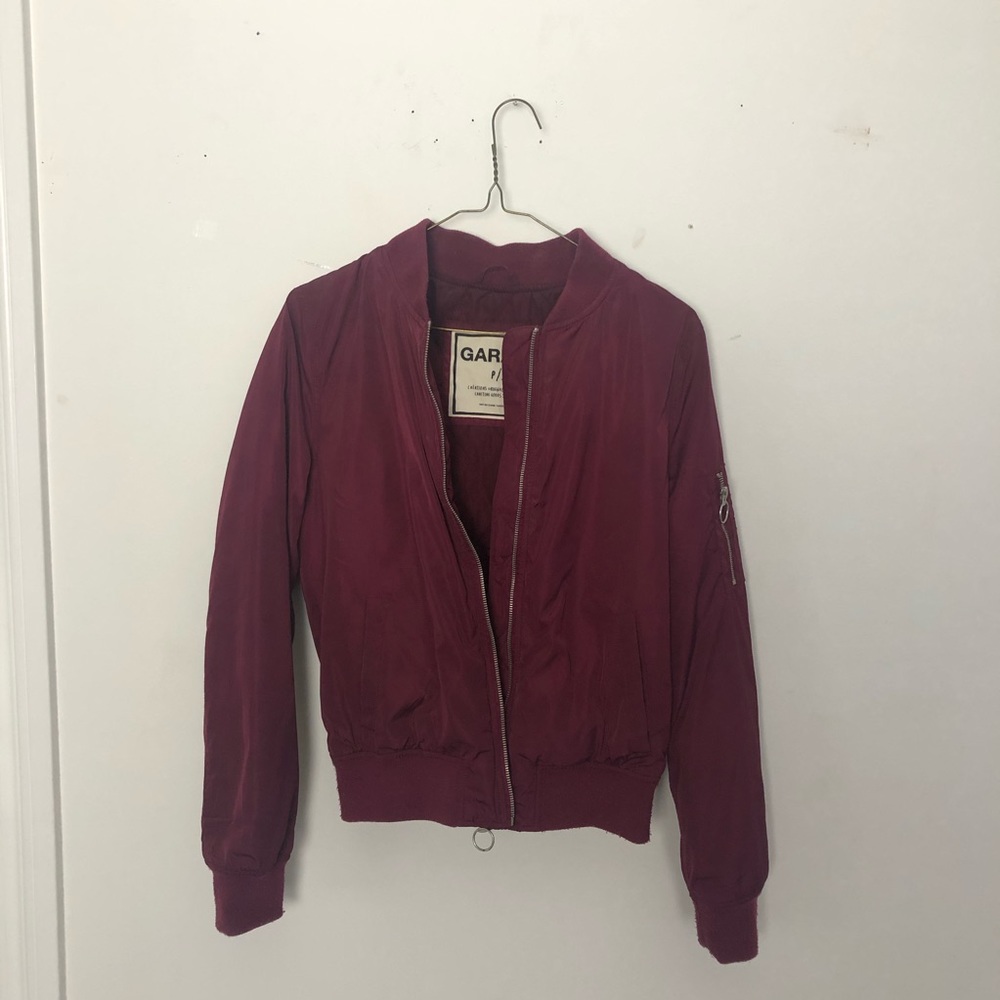 garage burgundy bomber jacket